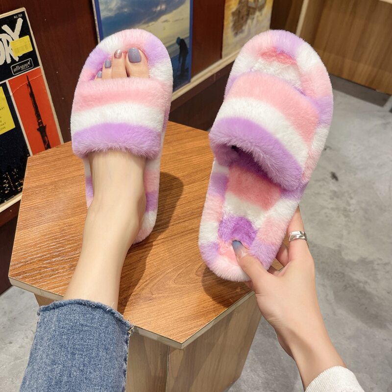 

Striped Fluffy Bedroom Slippers, Pink