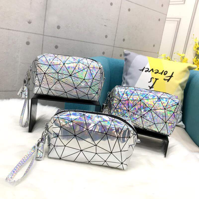 

1pc Holographic Metallic Square Makeup Bag, Silver