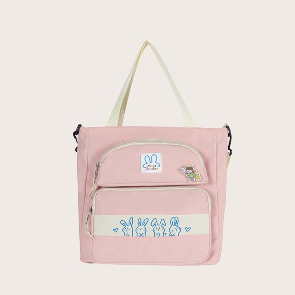 

Cartoon Graphic Rabbit Charm Tote Bag, Pink