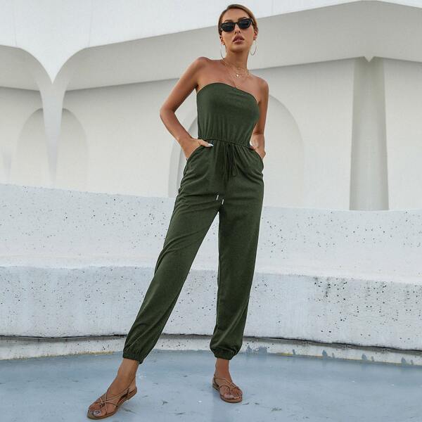 

Tie Front Pocket Tube Jumpsuit, Army green