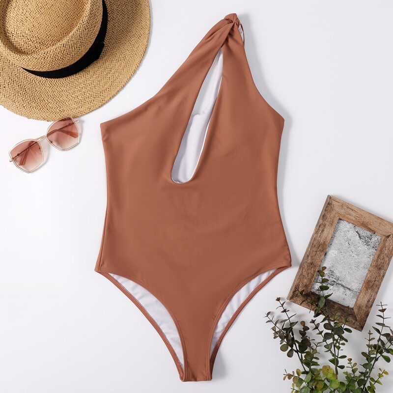 

Cut Out One Shoulder One Piece Swimsuit, Brown