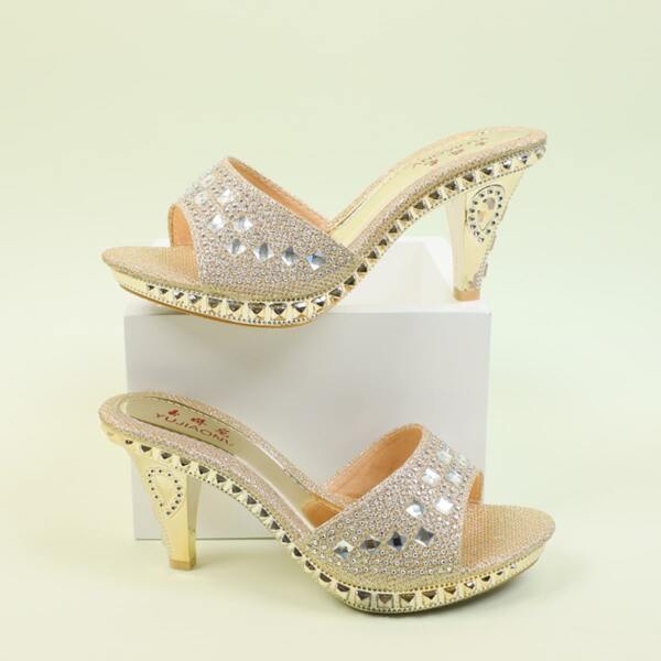 

Studded Decor Cone Heeled Mules, Gold