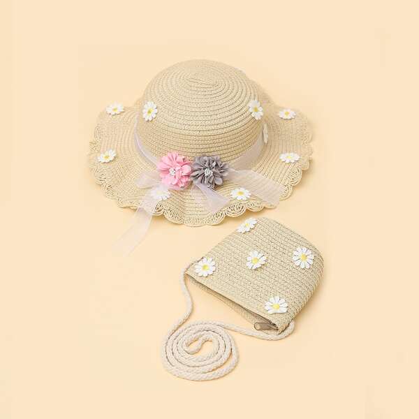 

1pc Toddler Girls Straw Hat & 1pc Bag, Beige