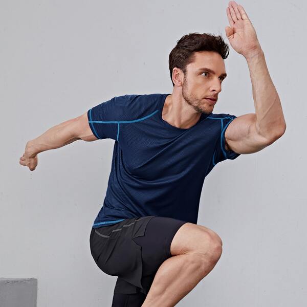 

Men Contrast Tape Sports Tee, Navy blue