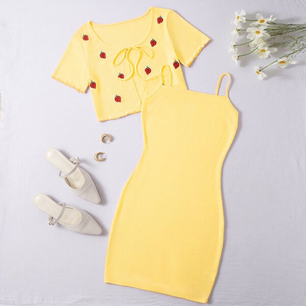 

Plus Strawberry Embroidery Tie Front Top & Cami Dress, Yellow
