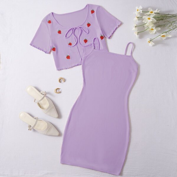 

Plus Strawberry Embroidery Tie Front Top & Cami Dress, Lilac purple