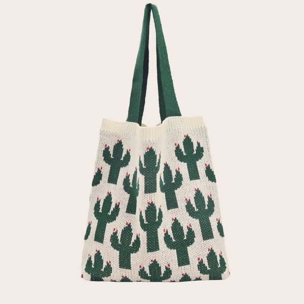 

Cactus Pattern Knitted Tote Bag, Dark green