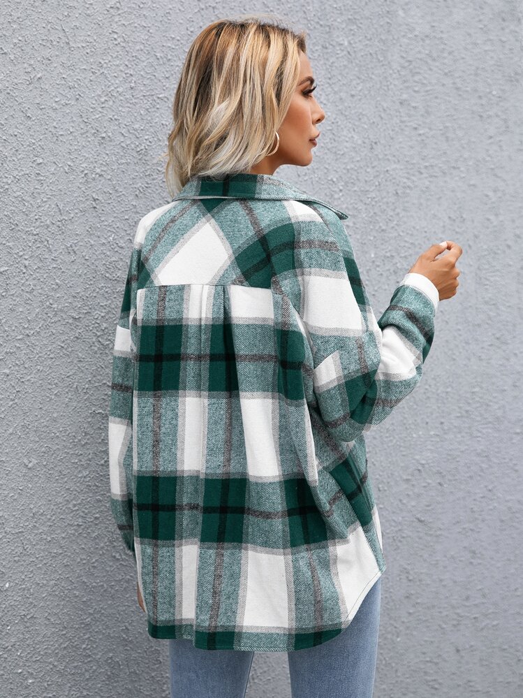 SHEIN LUNE Plaid Flap Pocket Drop Shoulder Jacket,Ladies Spring/Fall Casual Button,Fake Pockets Drop Shoulder Collar Regular Fit Multicolor Plaid Women Jackets,Casual Daily Wear - Multicolor - View 2