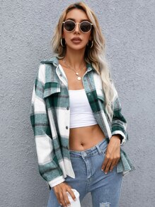 SHEIN LUNE Plaid Flap Pocket Drop Shoulder Jacket,Ladies Spring/Fall Casual Button,Fake Pockets Drop Shoulder Collar Regular Fit Multicolor Plaid Women Jackets,Casual Daily Wear