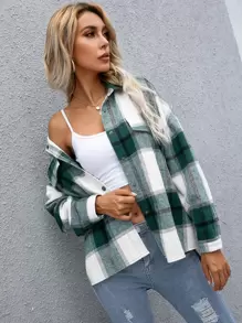 SHEIN LUNE Plaid Flap Pocket Drop Shoulder Jacket,Ladies Spring/Fall Casual Button,Fake Pockets Drop Shoulder Collar Regular Fit Multicolor Plaid Women Jackets,Casual Daily Wear