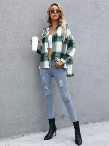SHEIN LUNE Plaid Flap Pocket Drop Shoulder Jacket,Ladies Spring/Fall Casual Button,Fake Pockets Drop Shoulder Collar Regular Fit Multicolor Plaid Women Jackets,Casual Daily Wear