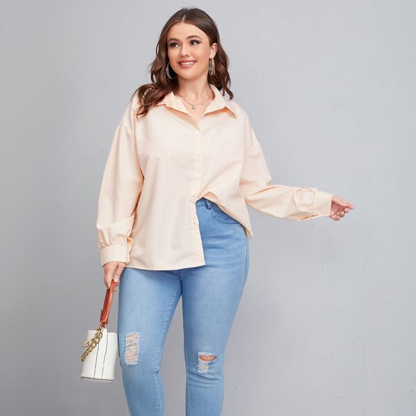 

Plus Solid Drop Shoulder Blouse, Apricot