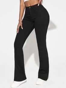 SHEIN SXY Solid Flare Leg Jeans - Black - View 1