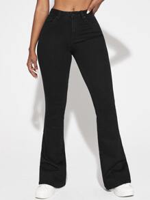 SHEIN SXY Solid Flare Leg Jeans - Black - View 5