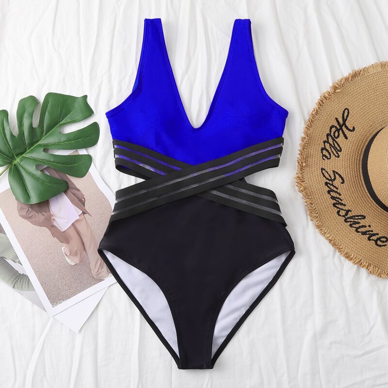 

Two Tone Contrast Mesh One Piece Swimsuit, Multicolor