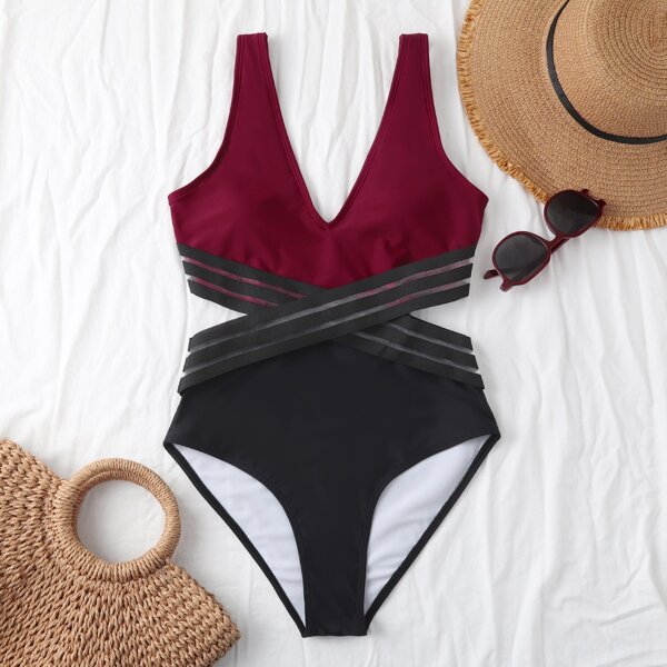 

Two Tone Contrast Mesh One Piece Swimsuit, Multicolor