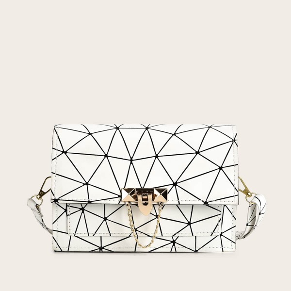 

Geo Graphic Chain Decor Crossbody Bag, White