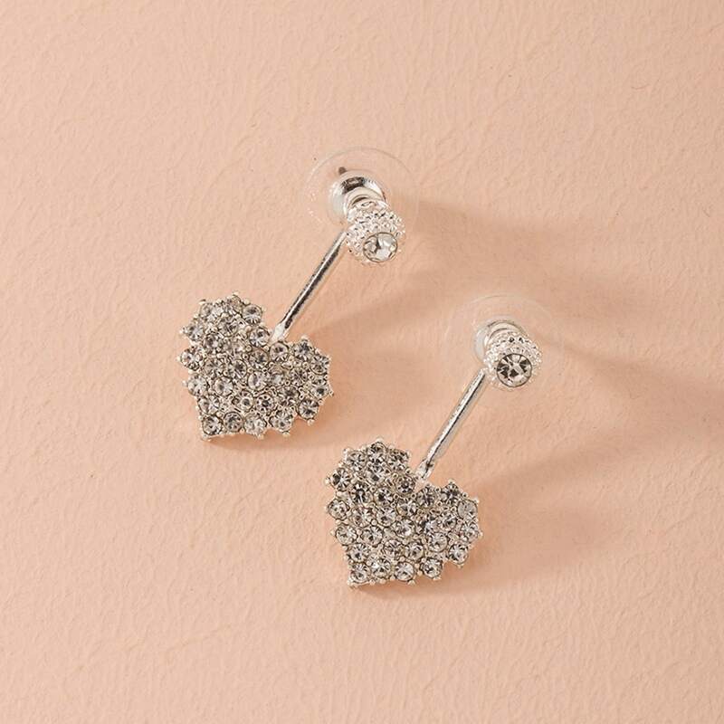 

Rhinestone Decor Heart Earrings, Silver