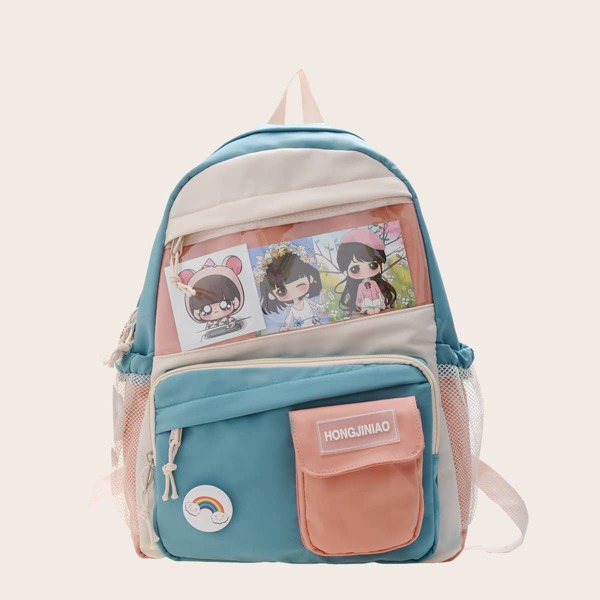 

Cartoon Graphic Colorblock Functional Backpack, Multicolor