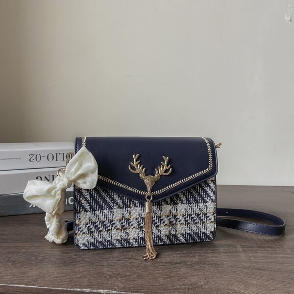 

Scarf Decor Tweed Crossbody Bag, Navy blue