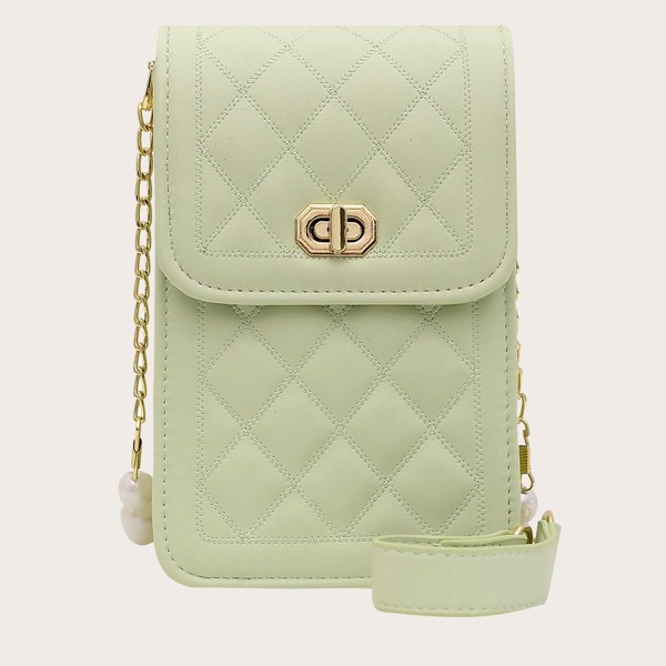 

Quilted Faux Pearl Decor Twist Lock Crossbody Bag, Green