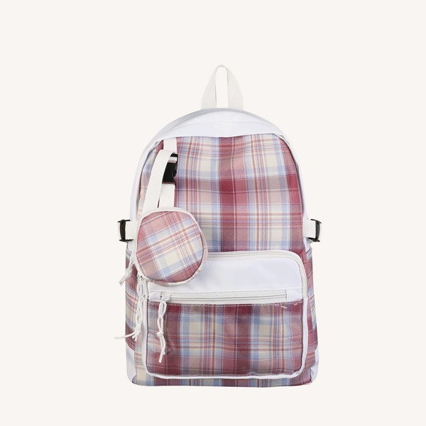 

Plaid Pattern Pocket Front Backpack With Coin Case, Pink