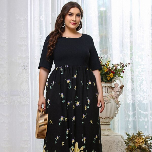 

Plus Floral Print A-line Dress, Black