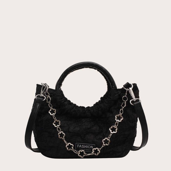 

Ruched Chain Decor Satchel Bag, Black