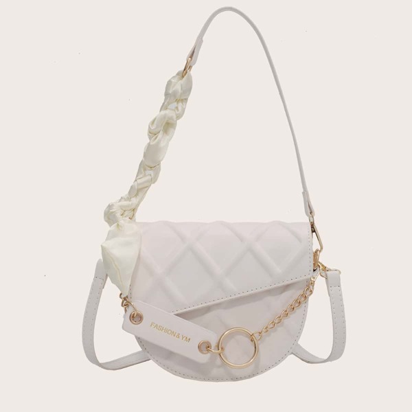 

Scarf Decor Quilted Chain Shoulder Bag, Beige