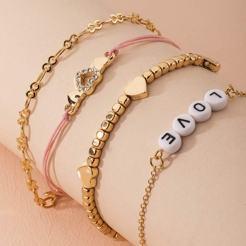 

4pcs Heart Design Bracelet, Gold