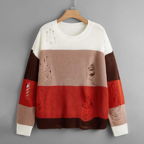 

Plus Colorblock Ripped Sweater, Multicolor