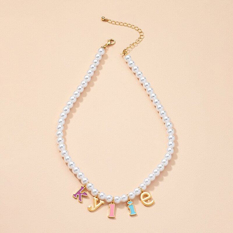 

Letter Charm Faux Pearl Beaded Necklace, White