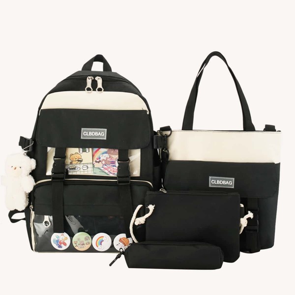 

4pcs Two Tone Cartoon Decor Backpack Set, Black