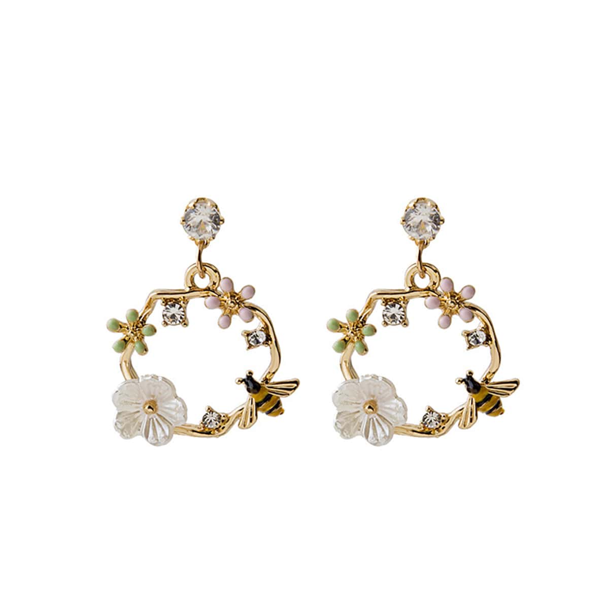 

Flower & Bee Drop Earrings, Gold
