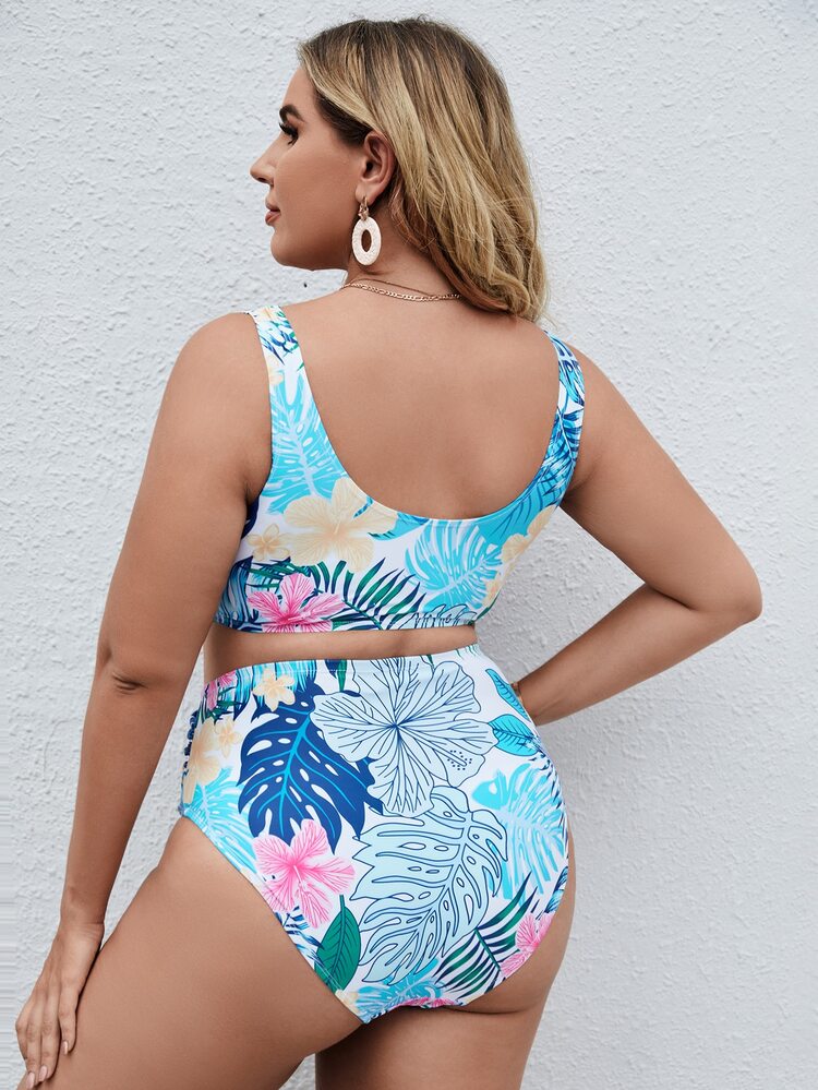 Plus Size Bộ Bikini Phía Trước In Nút Nhiệt Đới Đi Biển Mùa Hè - Nhiều màu - Xem 2