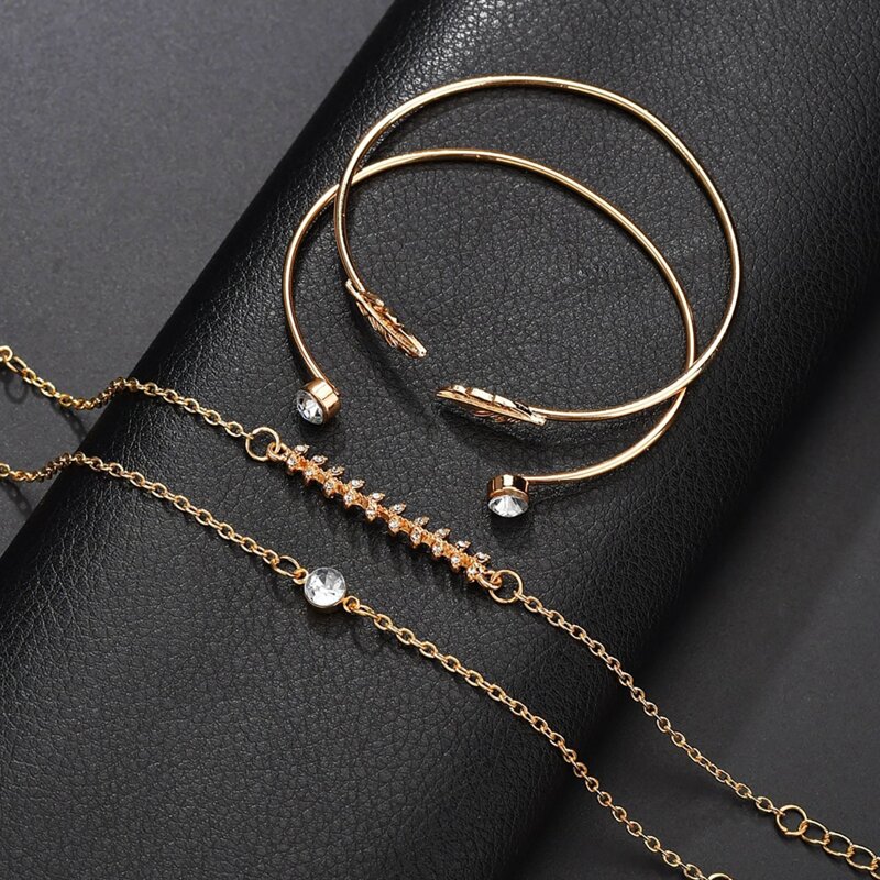 

4pcs Leaf & Rhinestone Decor Bracelet, Gold