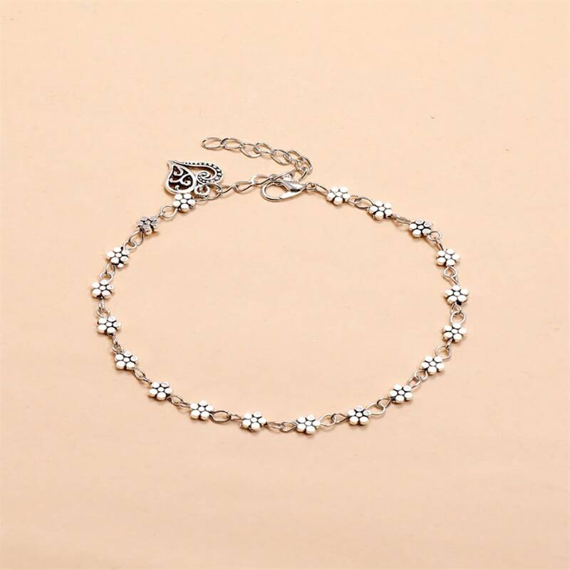 

1pc Heart & Flower Decor Anklet, Silver