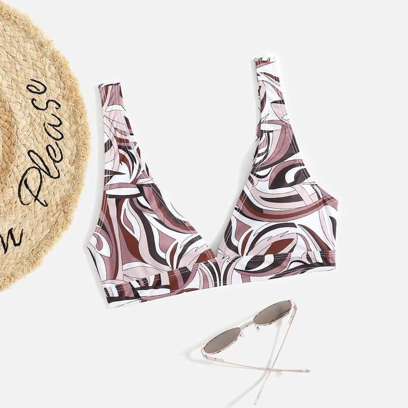 

Allover Print V Neck Bikini Top, Multicolor