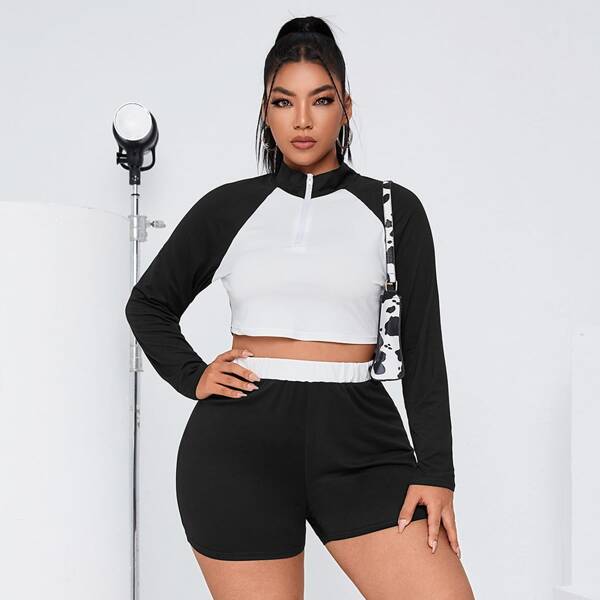 

Plus Colorblock Raglan Sleeve Crop Top & Biker Shorts, Black and white