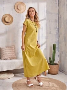SHEIN LUNE 後鎖孔蝙蝠袖連衣裙 - 芥末黃 - 查看 4