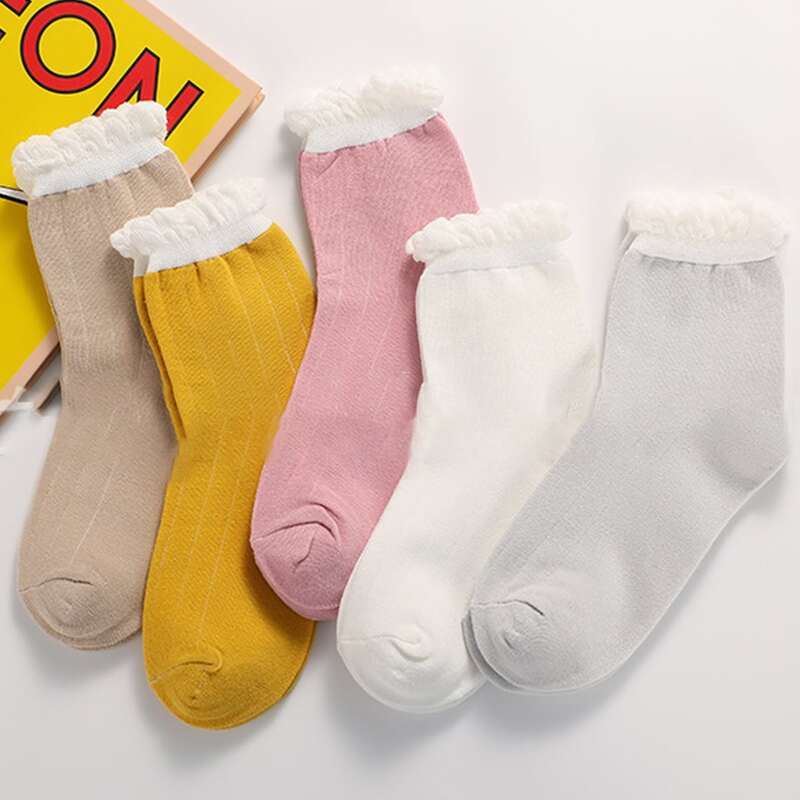 

5pairs Frill Trim Crew Socks, Multicolor