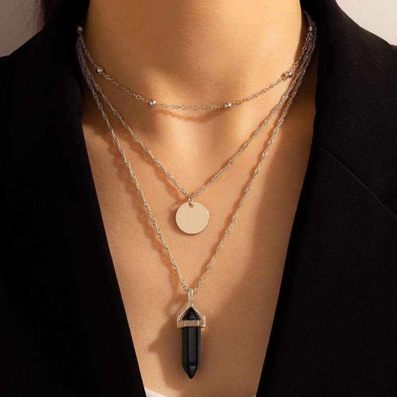 

Stone Pendant Layered Necklace, Silver