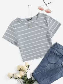 SHEIN EZwear 大碼條紋圖案羅紋針織T恤 - 灰色 - 查看 1