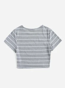 SHEIN EZwear 大碼條紋圖案羅紋針織T恤 - 灰色 - 查看 2