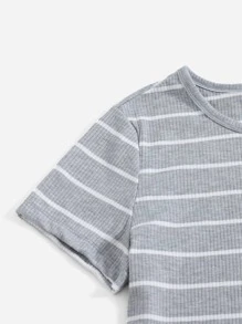 SHEIN EZwear 大碼條紋圖案羅紋針織T恤 - 灰色 - 查看 4