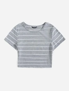 SHEIN EZwear 大碼條紋圖案羅紋針織T恤 - 灰色 - 查看 5