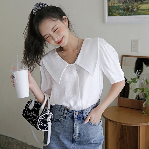 

Puff Sleeve Doll Collar Blouse, White