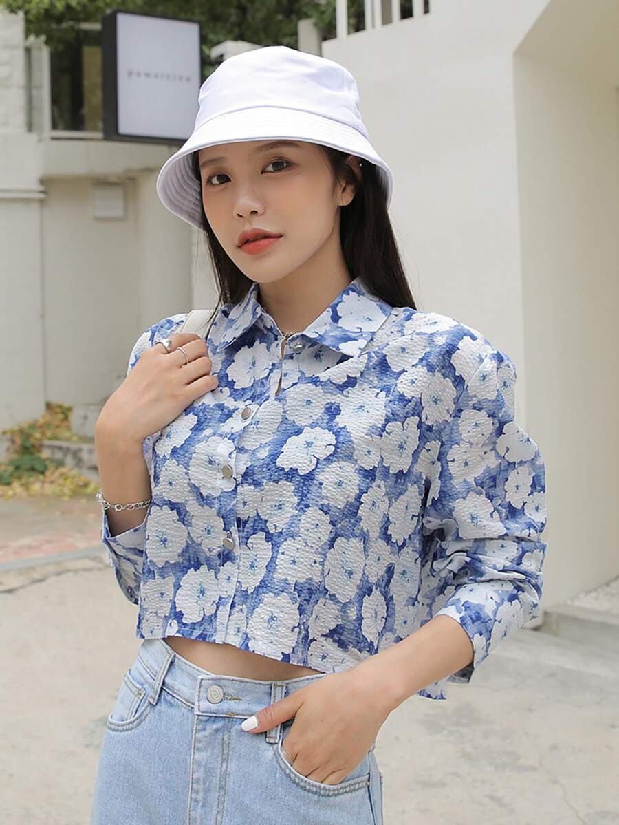 DAZY 滿版印花短款襯衫 - 藍白色 - 查看 1
