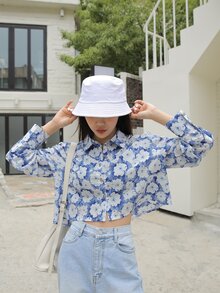 DAZY 滿版印花短款襯衫 - 藍白色 - 查看 4