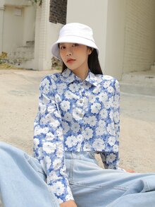 DAZY 滿版印花短款襯衫 - 藍白色 - 查看 6